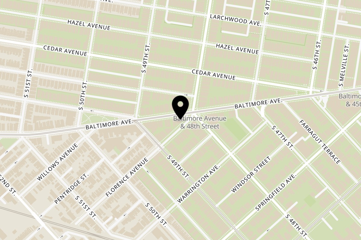 Map showing the location of The Gold Standard Cafe on 4800 Baltimore Ave in Philadelphia